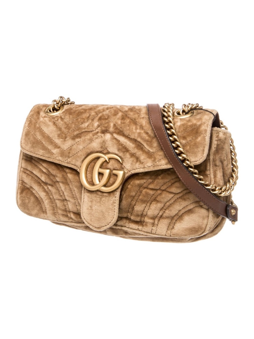 Gucci GG Marmont Taupe Velvet Matelassé Crossbody Shoulder Bag Gold Chain + Dust